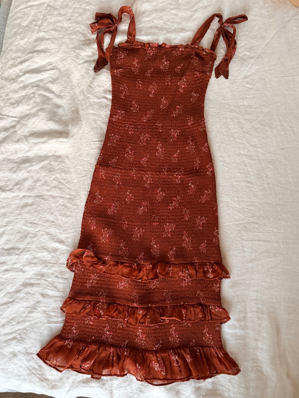 Abercrombie & Fitch Brown Smocked Ruffle Midi Dress with tie straps